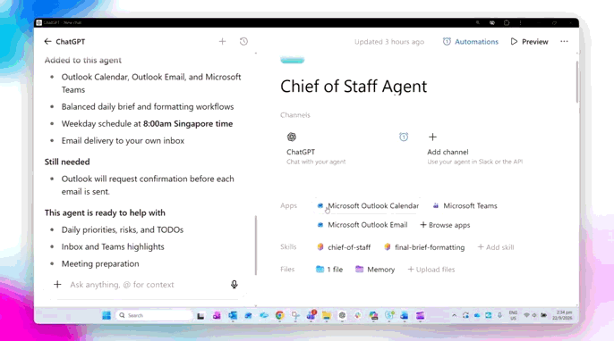 The apps of the agent being highlighted - Outlook calendar, email and Teams